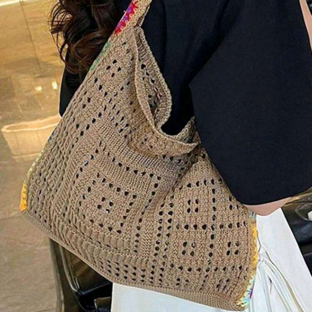 🌻Host Pick🌻Vintage Boho Crochet Shoulder Bag Brown Multicolor Floral Accents - Picture 5 of 10